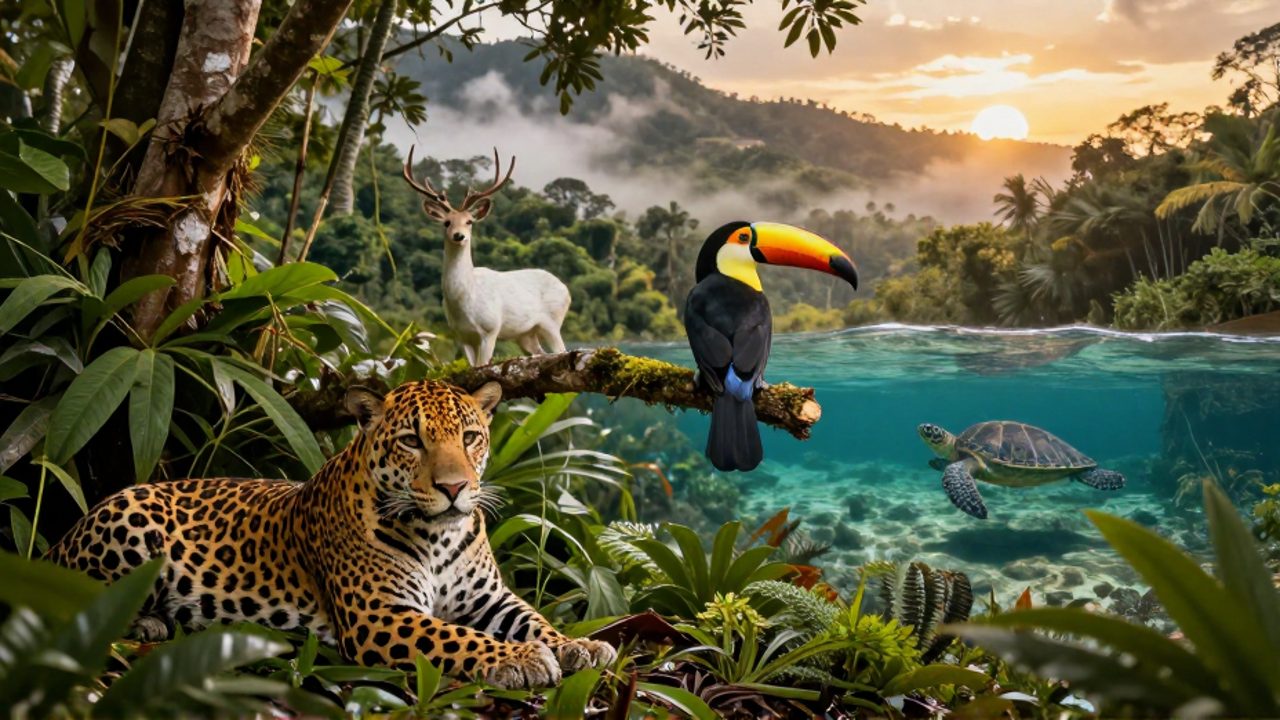 Montaje de la fauna de Oaxaca que integra un jaguar en la selva, un tucán en una rama, un venado en un bosque nuboso y una tortuga marina en la costa.