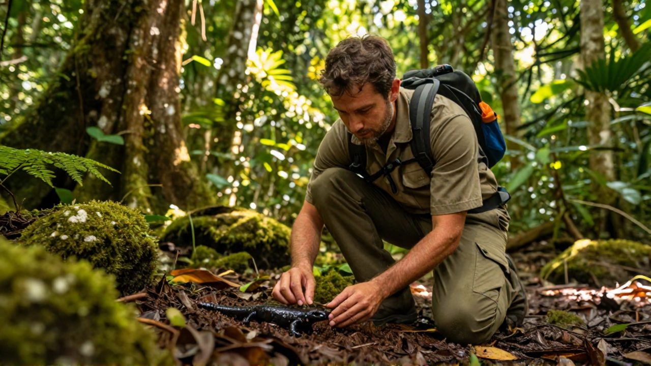 Un conservacionista examina con cuidado una pequeña salamandra endemic en el suelo de un bosque tropical de Oaxaca.