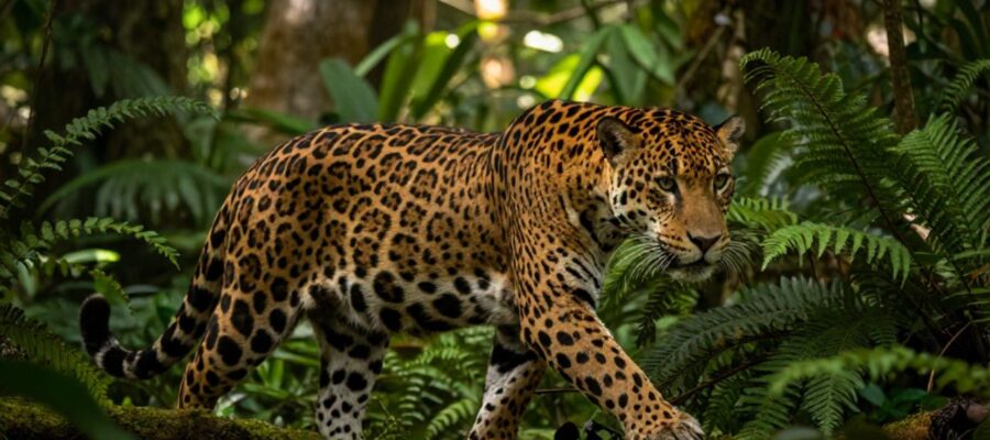 Un jaguar camina entre la vegetación espesa y helechos de una selva tropical iluminada por la luz del sol.