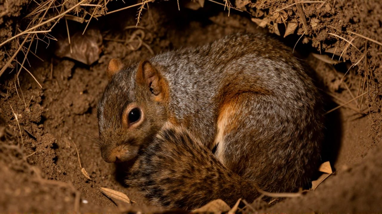 Ardilla ovillada y en reposo profundo dentro de una madriguera subterránea rodeada de tierra y hojas secas.