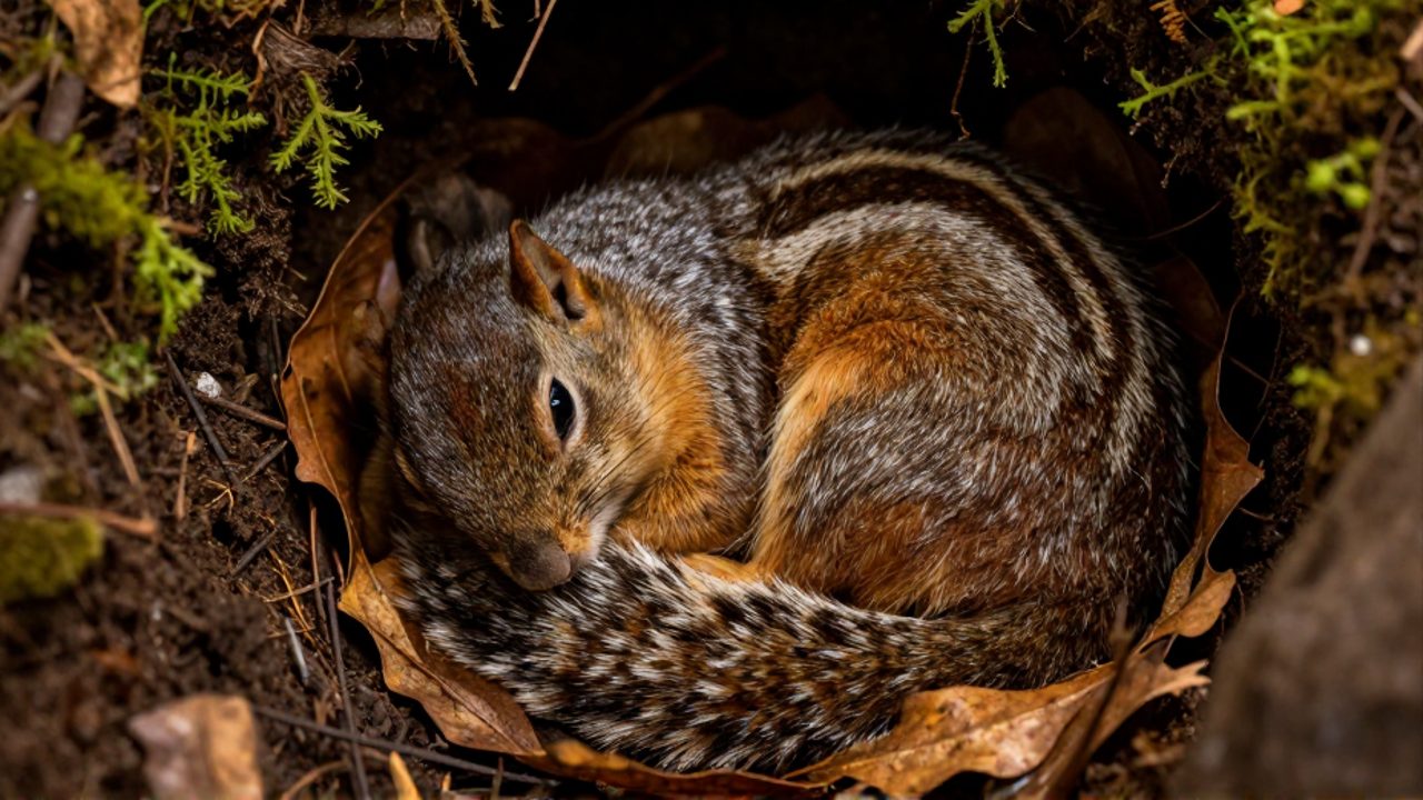 Una ardilla de tierra acurrucada en una posición fetal mientras duerme dentro de una madriguera rodeada de hojas secas y musgo.