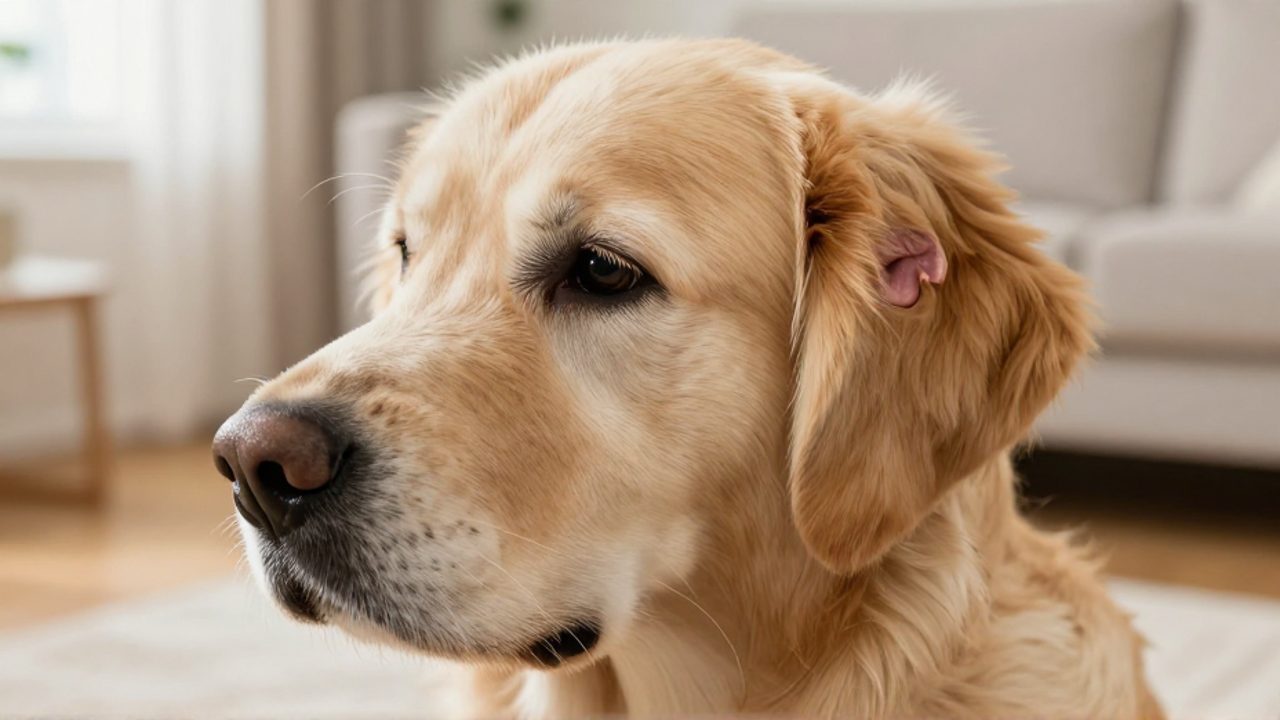 Primer plano de un perro Golden Retriever que muestra una ligera inflamación en el pabellón auricular.