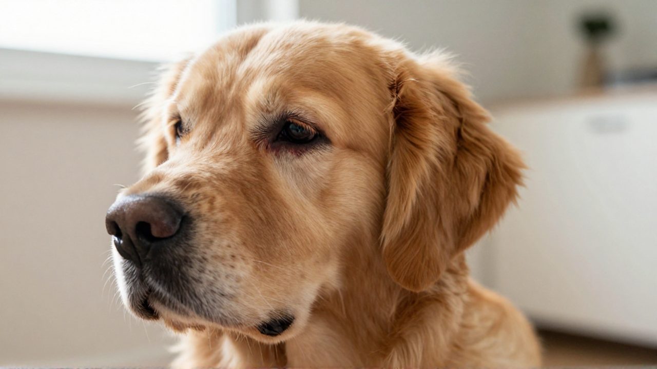 Primer plano de un perro Golden Retriever con la oreja inflamada y enrojecida que muestra signos de irritación.