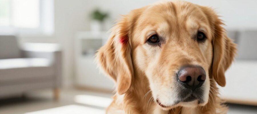 Primer plano de la oreja de un Golden Retriever que presenta un ligero enrojecimiento e inflamación en el borde.
