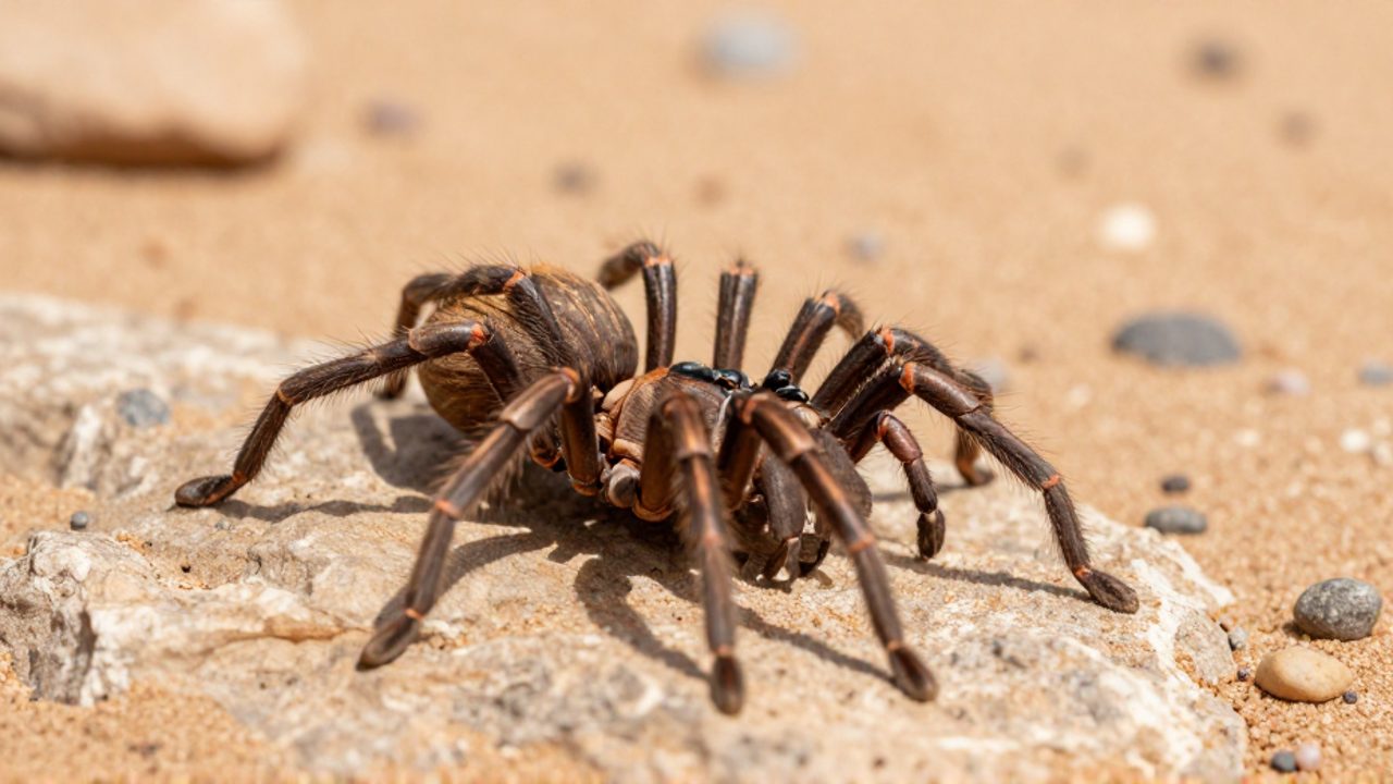 Primer plano de las mandíbulas de una araña camello sobre una roca en un entorno desértico.
