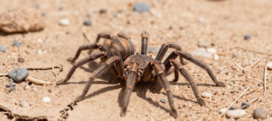 Una araña camello recorre un terreno árido y seco con suelo agrietado bajo la luz del sol.