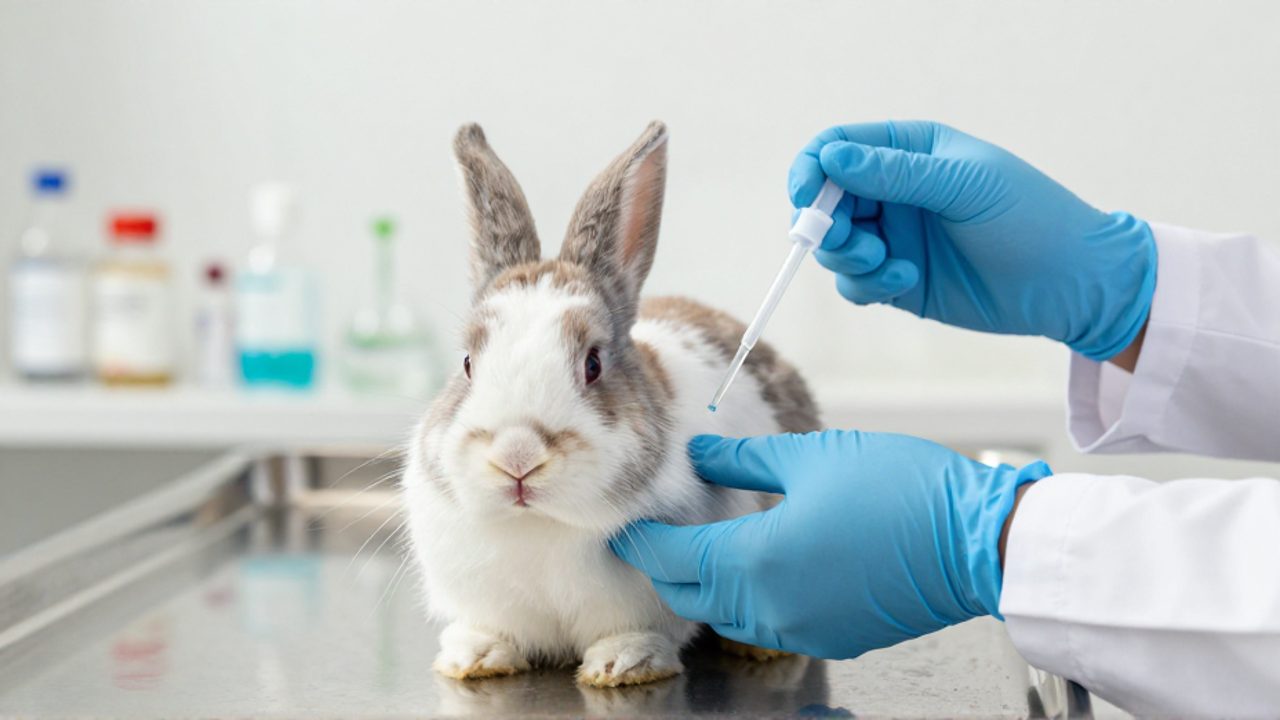 Veterinario con guantes azules aplica un medicamento con un gotero sobre el pelaje de un conejo de raza Holland Lop en una mesa de examen clínica.