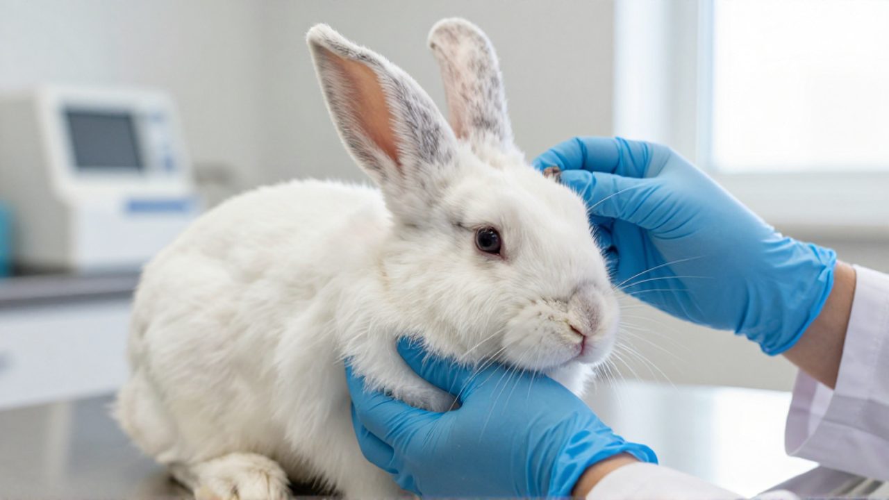 Un veterinario con guantes azules examina con cuidado la oreja de un conejo doméstico en una clínica.