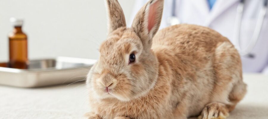 Conejo de raza Holland Lop descansando sobre una superficie neutra en un entorno clínico con un frasco de medicina desenfocado al fondo.
