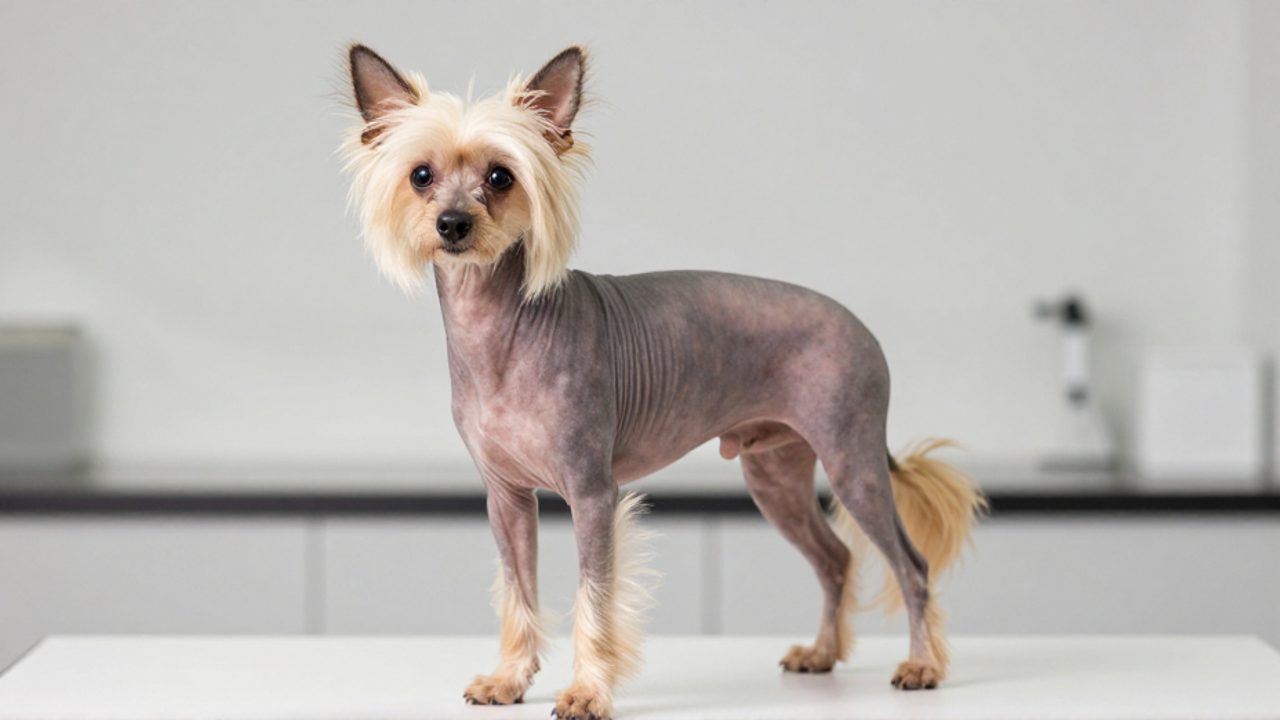 Perro de raza Crestado Chino con su característica piel casi lampiña y mechones de pelo en la cabeza y la cola.