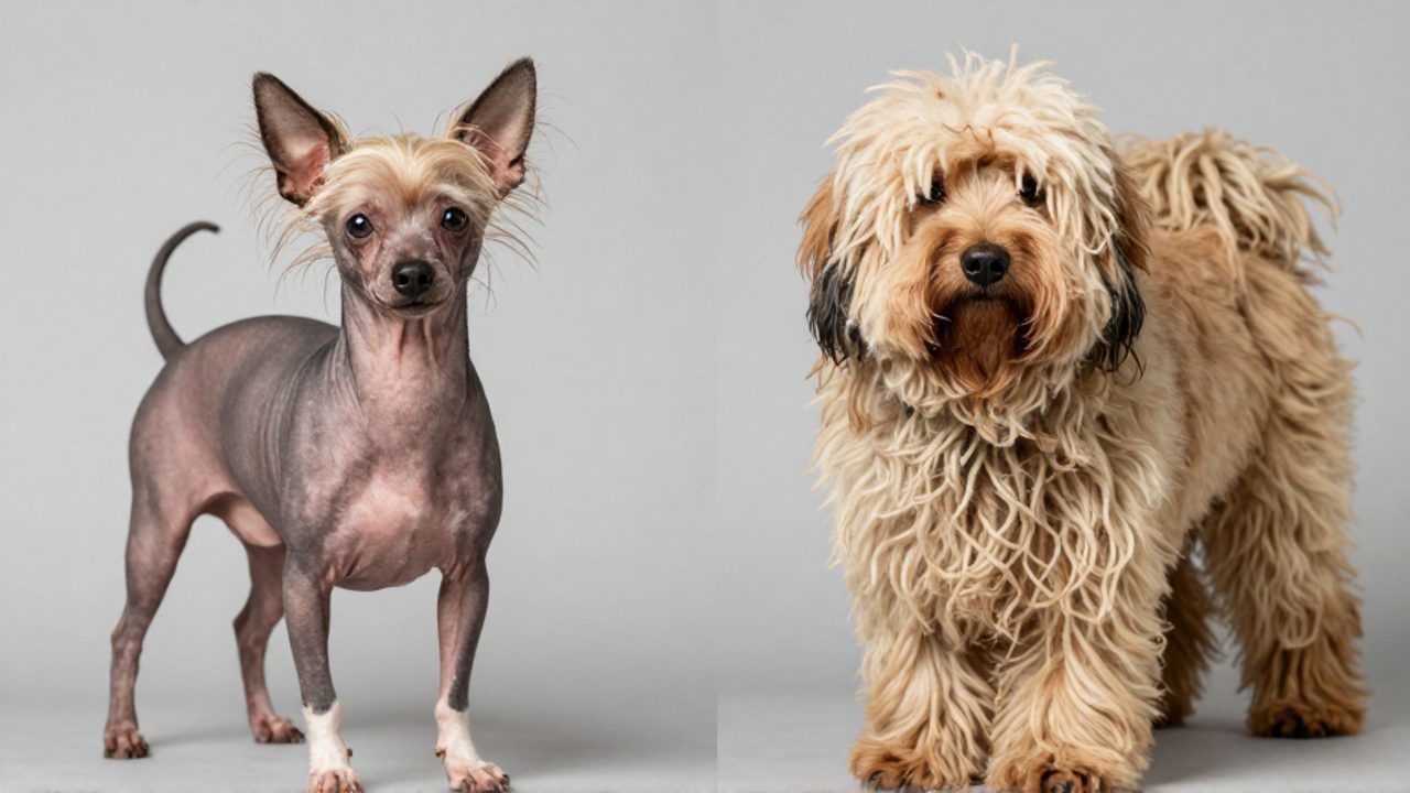 Comparativa entre un perro Crestado Chino de piel lampiña y un Puli de pelaje denso y rizado para mostrar diferencias de morfología canina.