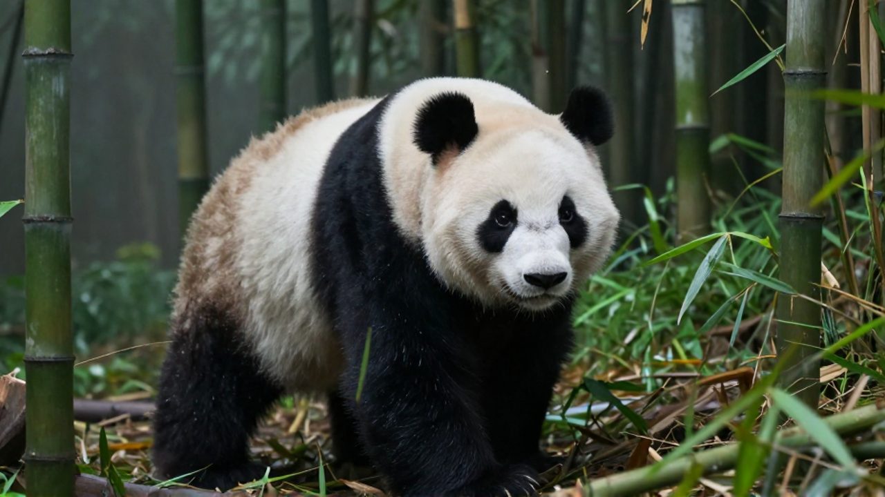 Un oso panda en postura de alerta y tensión en medio de un denso bosque de bambú.