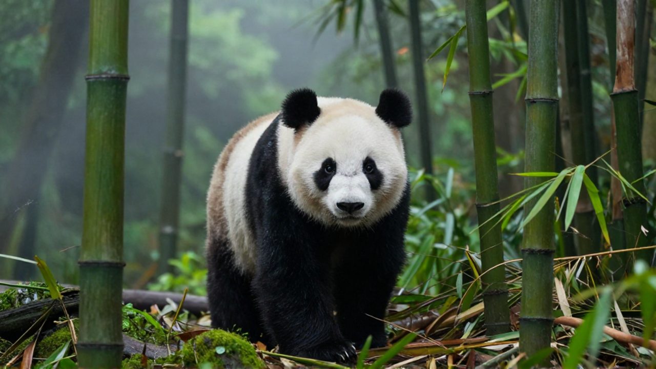 Un oso panda alerta observa fijamente entre la densa vegetación de un bosque de bambú envuelto en niebla.