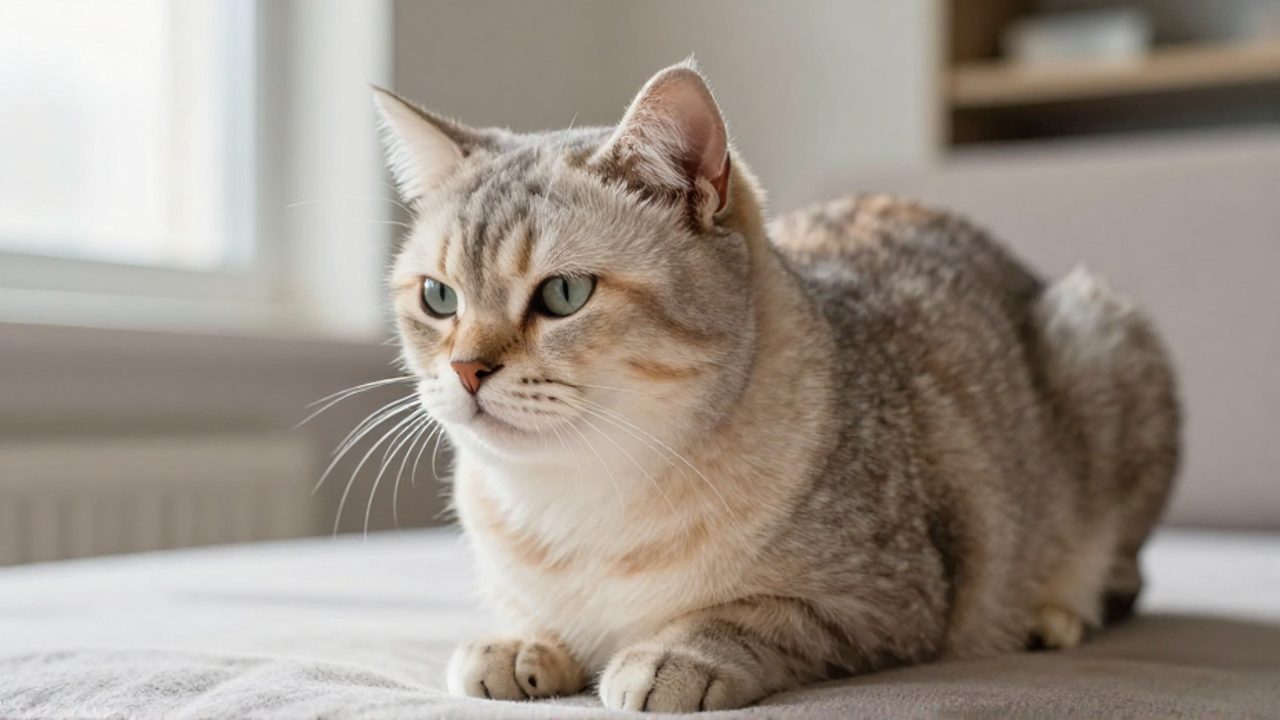 Gato doméstico sentado sobre una superficie suave con expresión de inquietud o incomodidad.