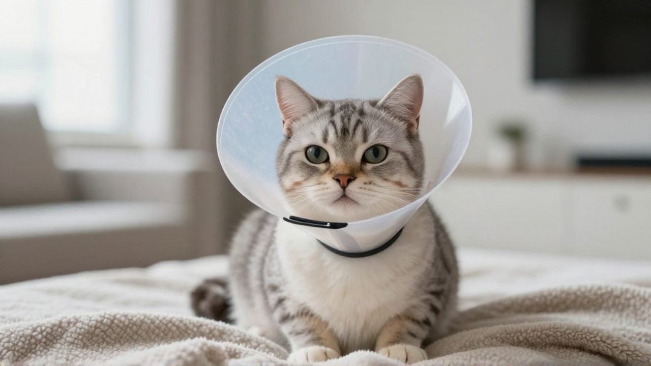 Gato doméstico sentado tranquilamente sobre una manta mientras lleva puesto un collar isabelino transparente.