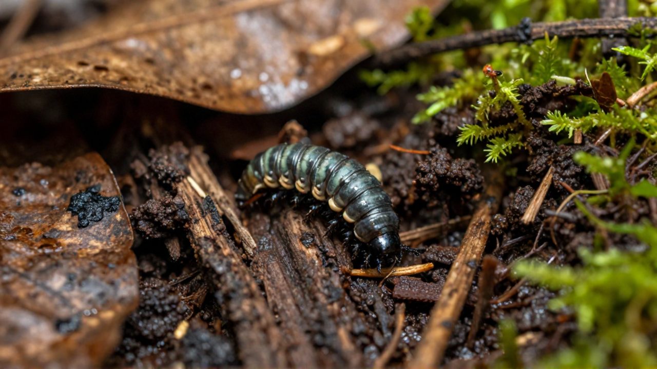 Larva de escarabajo desplazándose entre la hojarasca húmeda y restos de madera en descomposición en el suelo de un bosque.