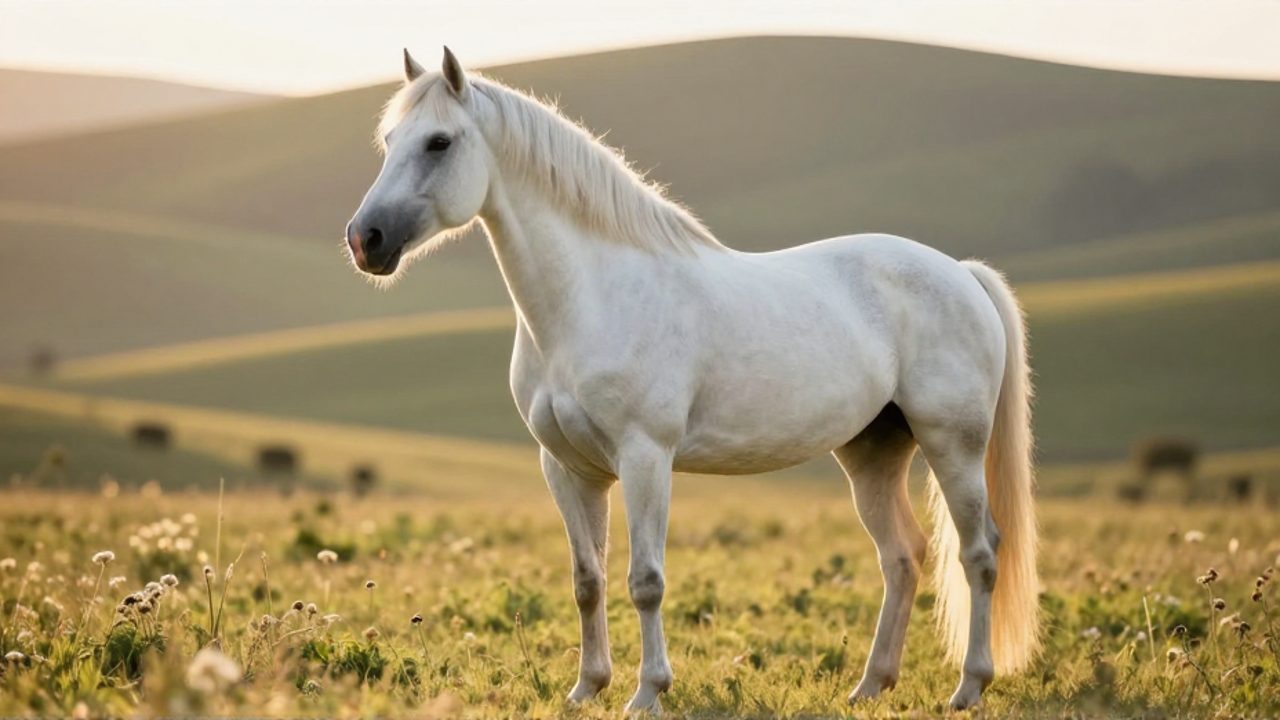 Yegua blanca de postura elegante parada en un prado verde bajo la luz cálida del atardecer.