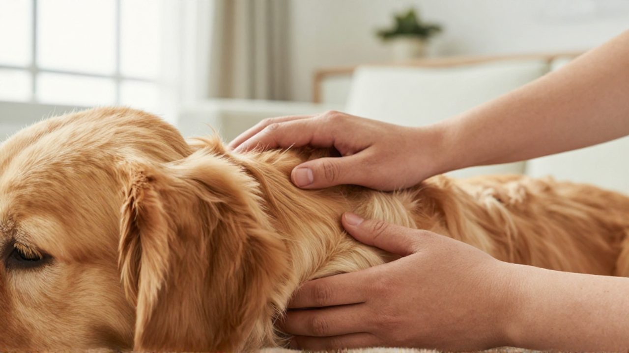 Una persona examina con cuidado la piel del lomo de un perro Golden Retriever en un entorno doméstico.