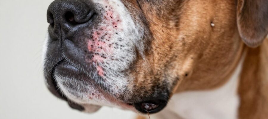 Primer plano de la piel de la barbilla de un perro con pequeños puntos negros y obstrucciones foliculares similares al acné canino.