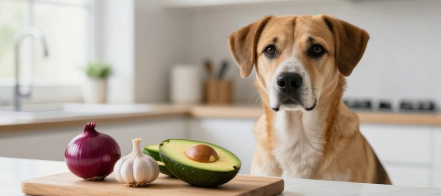 Perro sentado en una cocina junto a una tabla de madera con una cebolla, ajo y aguacate.