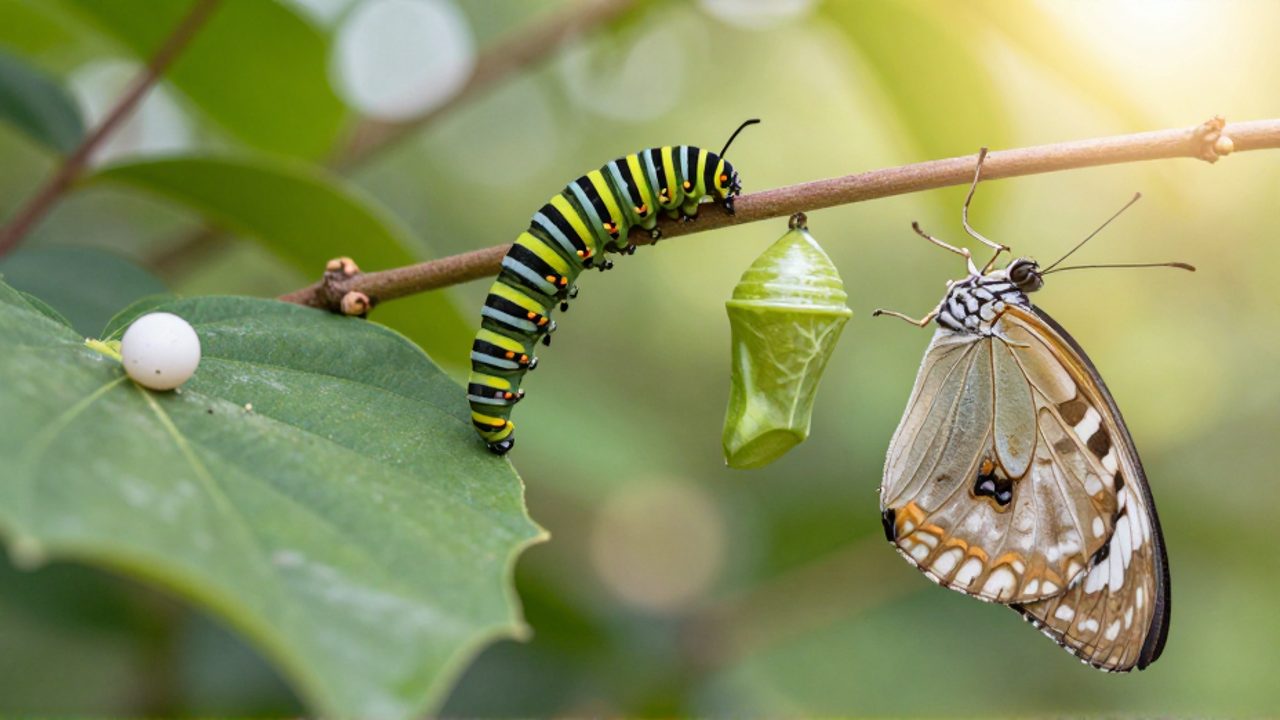 Secuencia de las etapas del ciclo de vida de una mariposa: desde el huevo en una hoja, pasando por la oruga y la crisálida, hasta la mariposa adulta con las alas desplegadas.