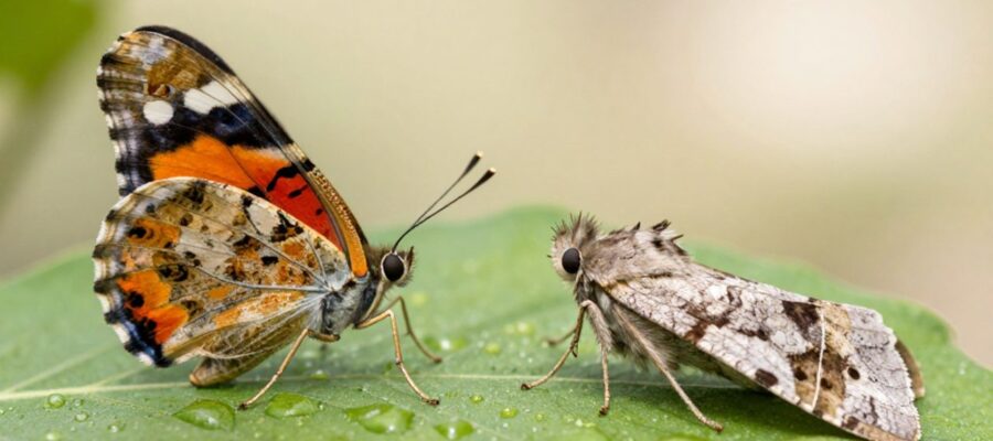 Comparación detallada de una mariposa naranja y negra con alas verticales frente a una polilla de tonos marrones y alas horizontales sobre una hoja con gotas de rocío.