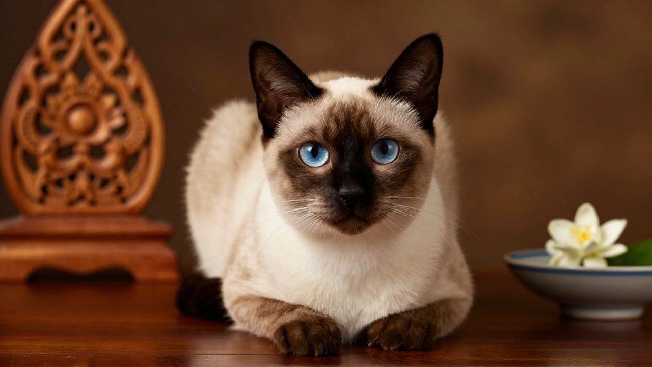 Gato siamés de ojos azules sentado elegantemente sobre una superficie de madera oscura junto a una flor de jazmín.