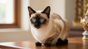 Gato siamés de ojos azules sentado con elegancia sobre una superficie de madera en un interior iluminado con toques decorativos tailandeses.