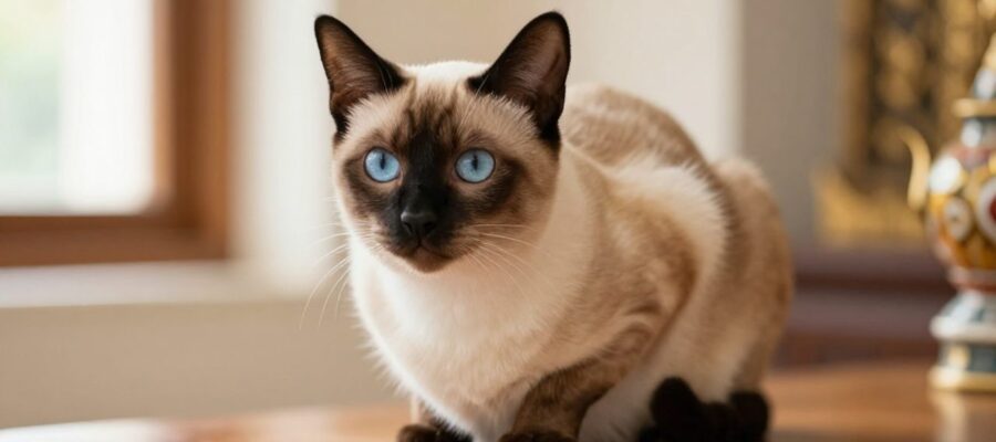 Gato siamés de ojos azules sentado con elegancia sobre una superficie de madera en un interior iluminado con toques decorativos tailandeses.