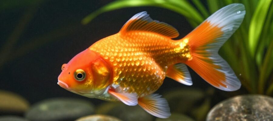 Un pez dorado Oranda de color naranja y blanco nada entre plantas acuáticas y piedras en un estanque de agua cristalina.