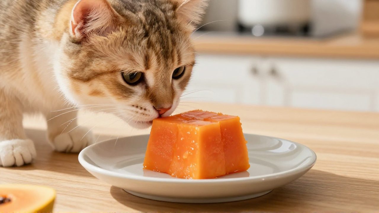 Un gato doméstico olfatea con curiosidad un pequeño trozo de pulpa de papaya fresca sobre un plato de cerámica.