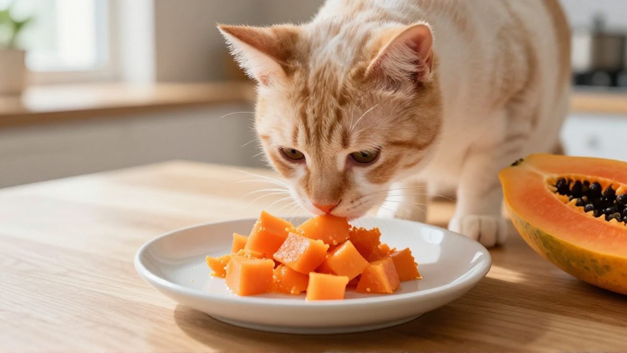 Un gato doméstico olfatea un trozo de pulpa de papaya madura servido en un pequeño plato de cerámica sobre una mesa de madera.