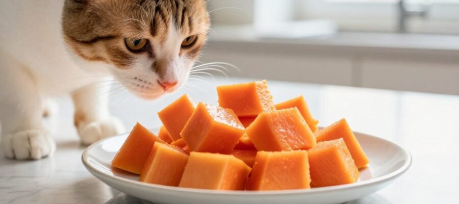 Un gato doméstico se acerca con curiosidad a un pequeño plato con trozos de papaya cortados para su consumo.