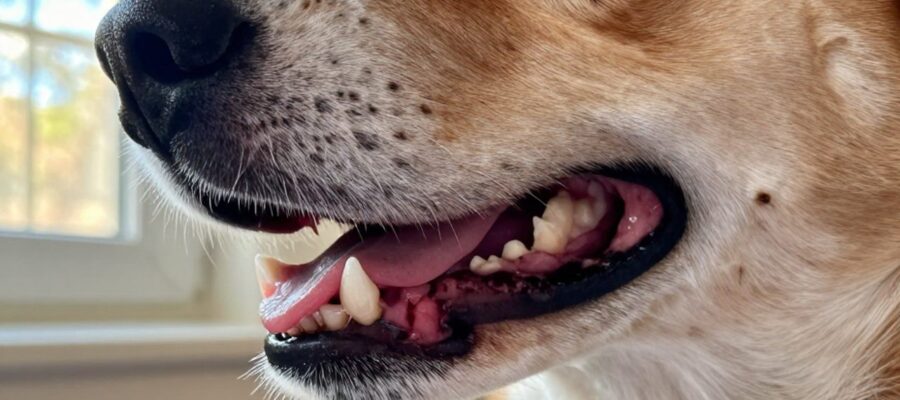 Primer plano de la boca de un perro sano que muestra encías rosadas con pequeñas manchas de pigmentación oscura naturales.