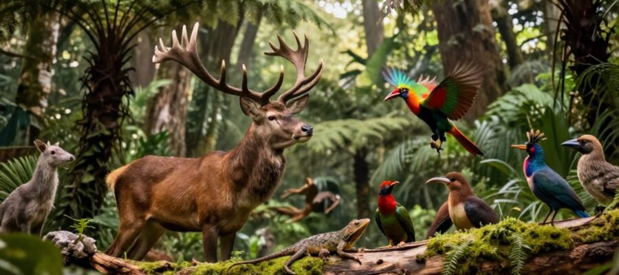 Diversidad de animales, incluyendo un ciervo, un ave en vuelo y un reptil, en un bosque primigenio con luz solar filtrándose entre la vegetación.