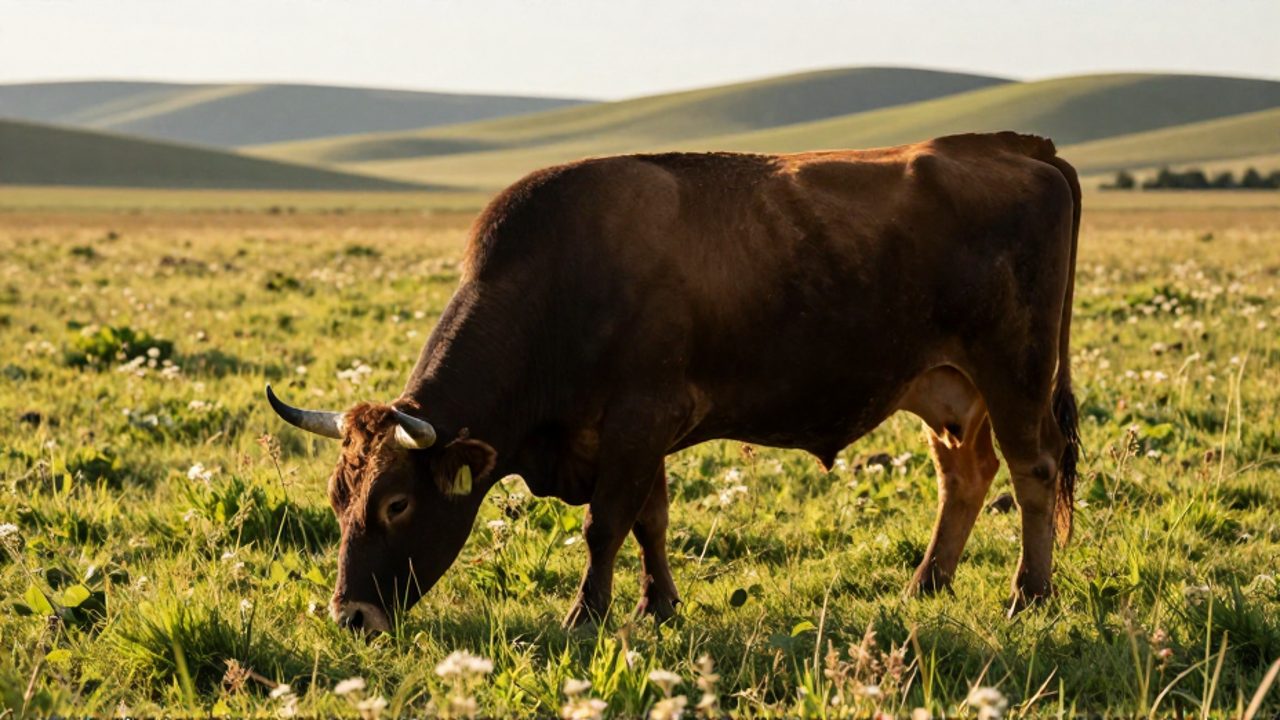 Un toro musculoso pasta en un amplio campo de hierba verde y leguminosas bajo la luz del sol.
