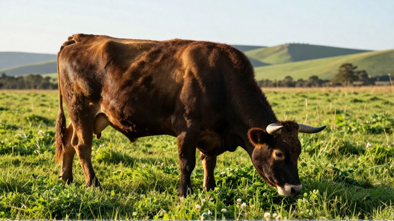 Un toro robusto pasta hierba fresca en un prado verde bajo la luz del sol.