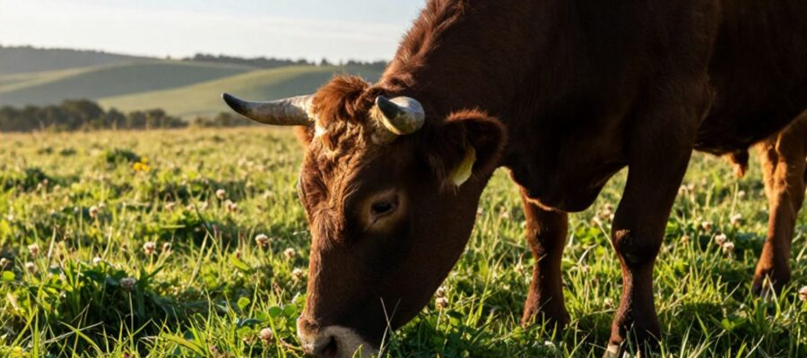 Un toro robusto pasta hierba y trébol en un prado verde bajo la luz del sol.