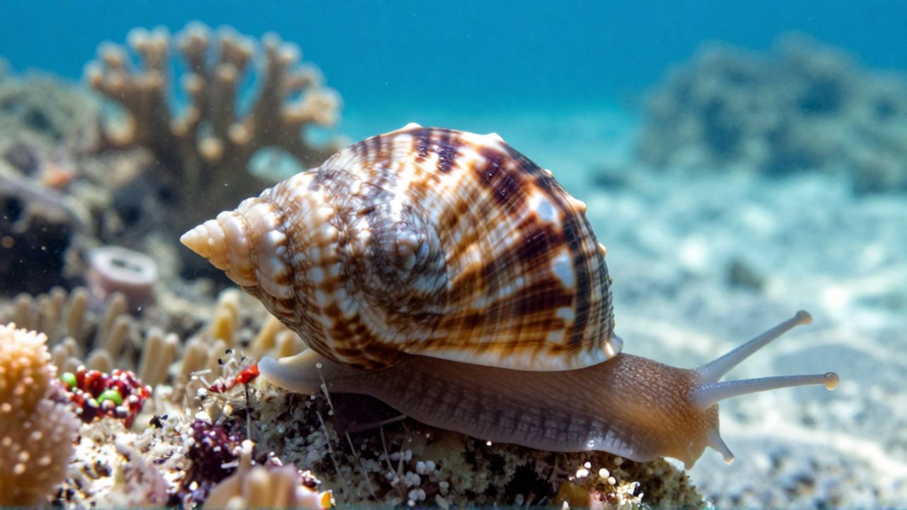Caracol marino de concha espiralada desplazándose sobre un arrecife de coral y anémonas en un fondo marino cristalino.