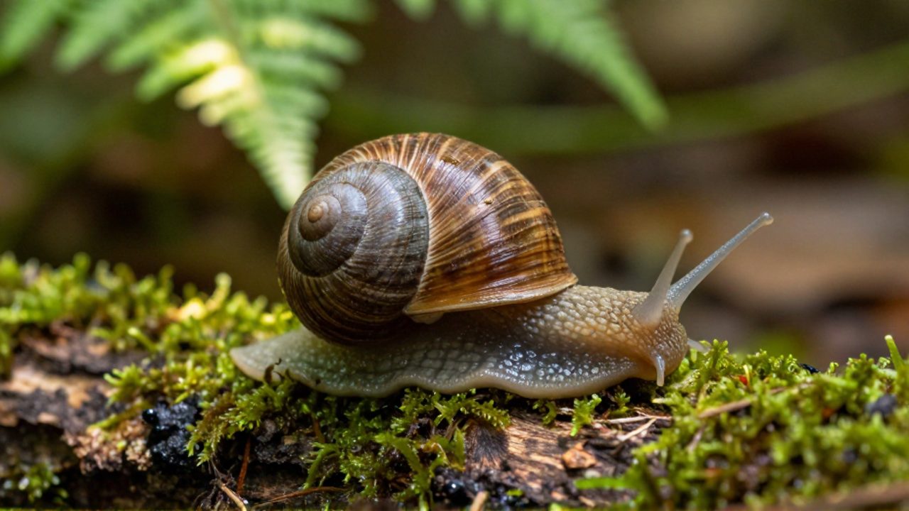 Caracol terrestre con concha en espiral desplazándose sobre un tronco cubierto de musgo en un bosque húmedo.