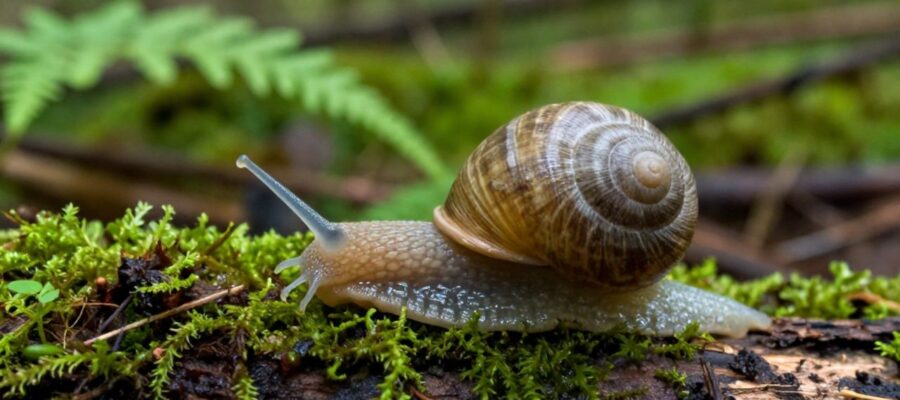 Caracol terrestre de caparazón espiralado desplazándose sobre un tronco cubierto de musgo en un bosque húmedo.
