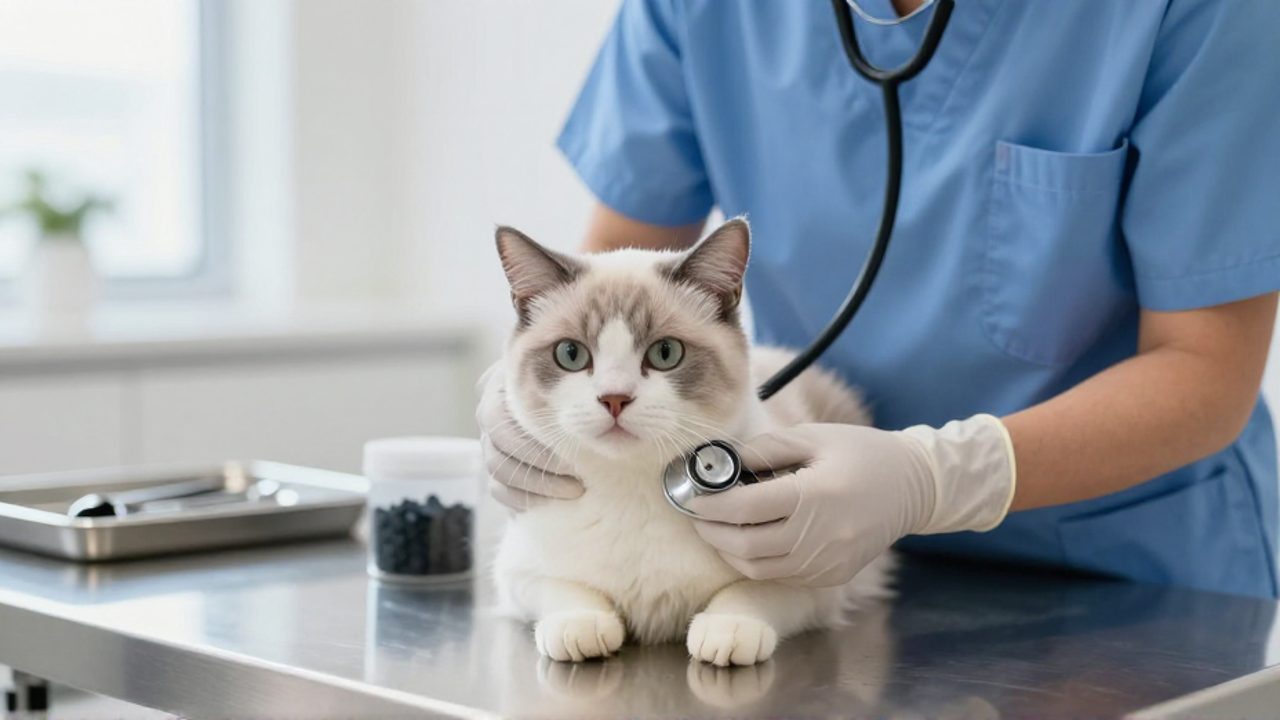 Veterinario con guantes revisa con un estetoscopio a un gato sobre una mesa de acero inoxidable en una clínica.