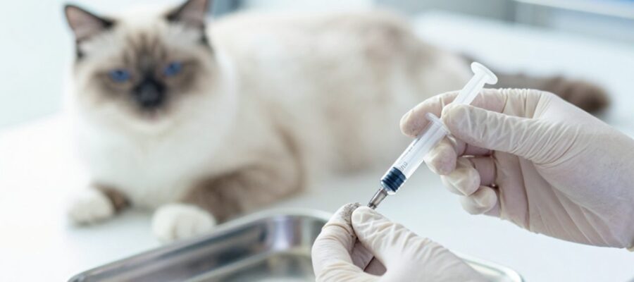 Manos de un veterinario preparando una jeringa con carbón activado líquido frente a un gato en una clínica.