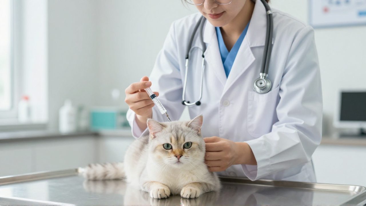 Un veterinario con bata blanca utiliza una jeringuilla para examinar con cuidado a un gato sobre una mesa de exploración clínica.