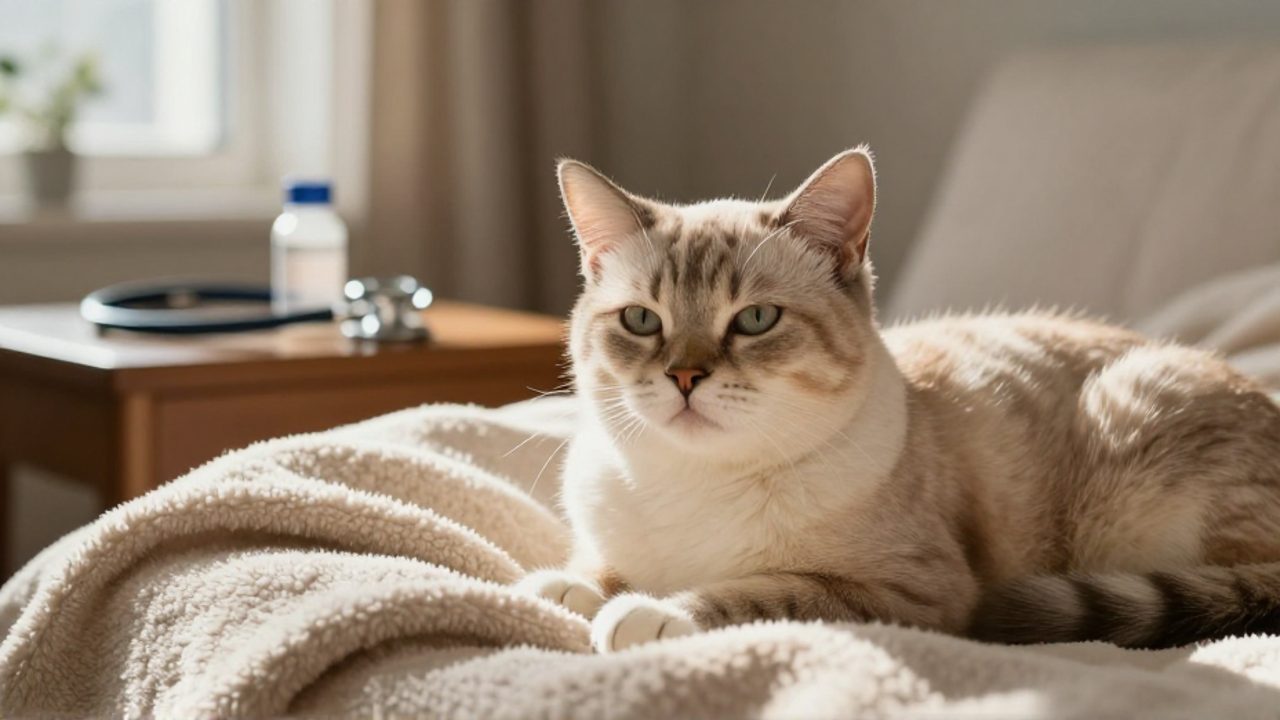 Gato anciano descansando tranquilamente sobre una manta en una sala iluminada, con un estetoscopio y un frasco médico desenfocados al fondo.