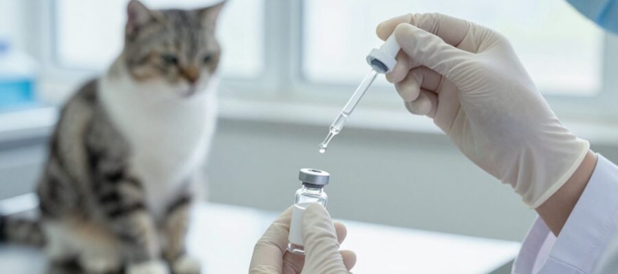 Manos de un veterinario dosificando con precisión una gota de medicamento líquido frente a un gato que espera en una mesa de examen.