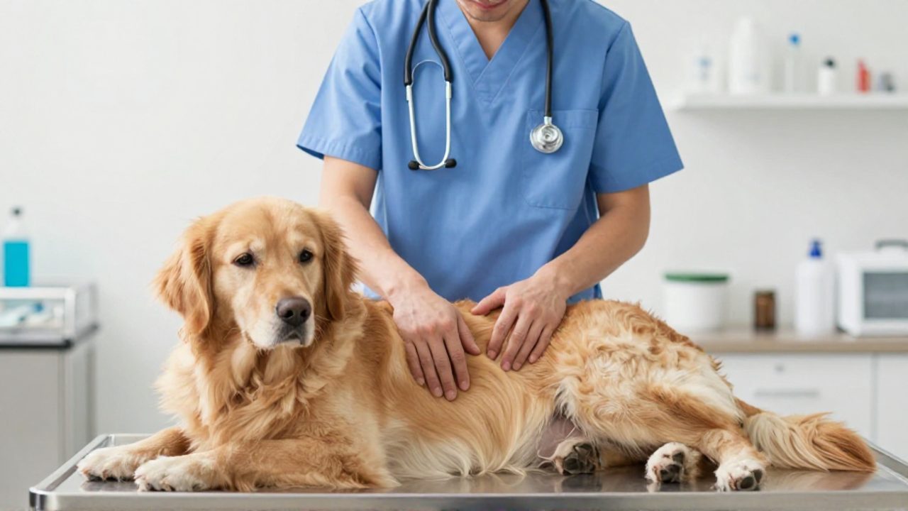 Un veterinario examina con cuidado el abdomen de un perro Golden Retriever sobre una mesa de exploración en una clínica.