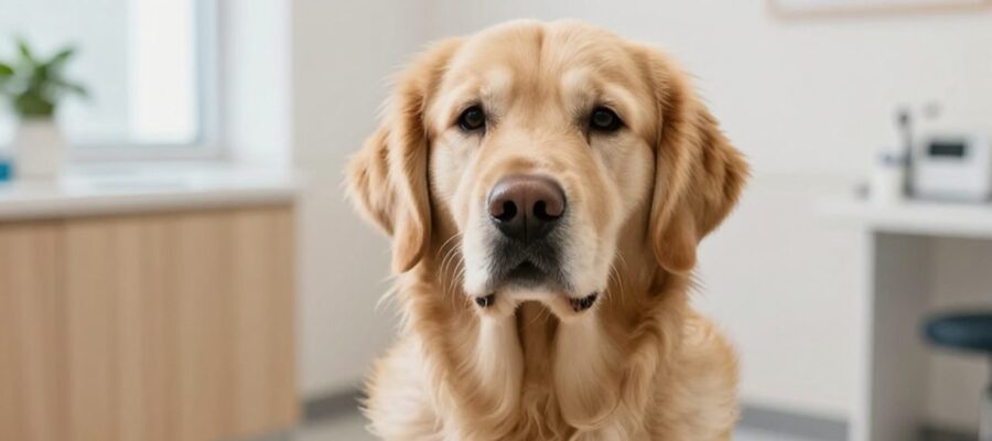 Un perro Golden Retriever sentado tranquilamente en la sala de espera de una clínica veterinaria.