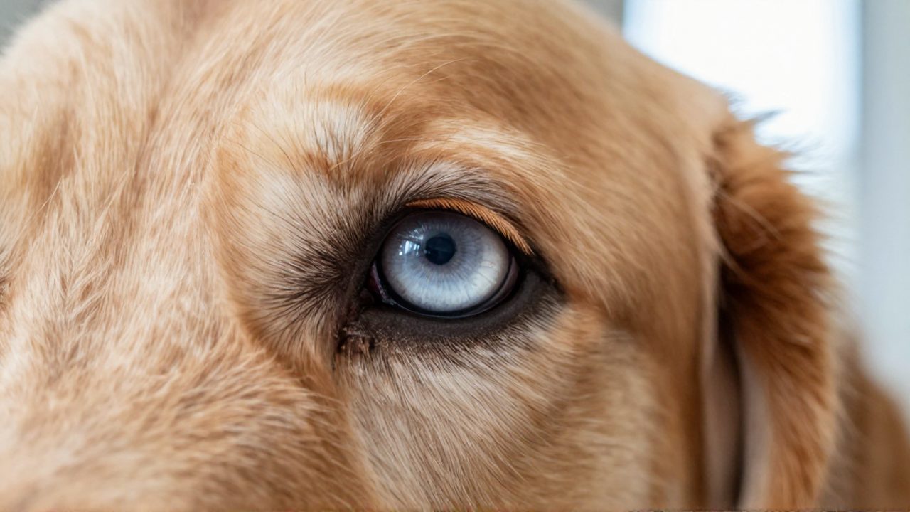 Primer plano del ojo de un perro Golden Retriever de edad avanzada que muestra un tono azulado y turbio en el cristalino debido a la esclerosis nuclear.