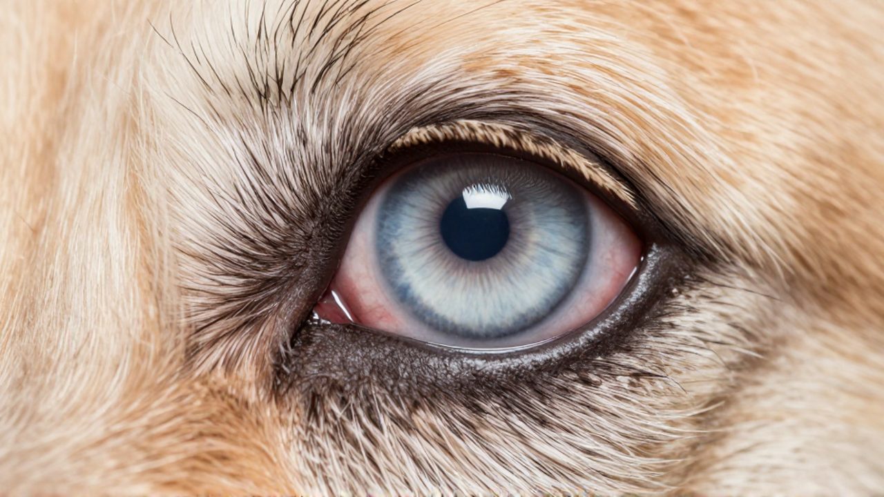 Primer plano de un ojo de perro con una opacidad blanquecina y azulada en la córnea.